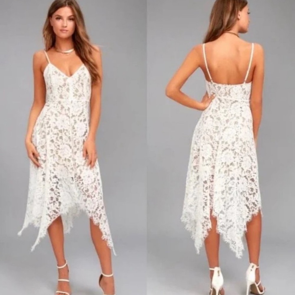 Lulu’s One Wish Lace Midi Dress Size Large White Bridal Shower Bachelorette